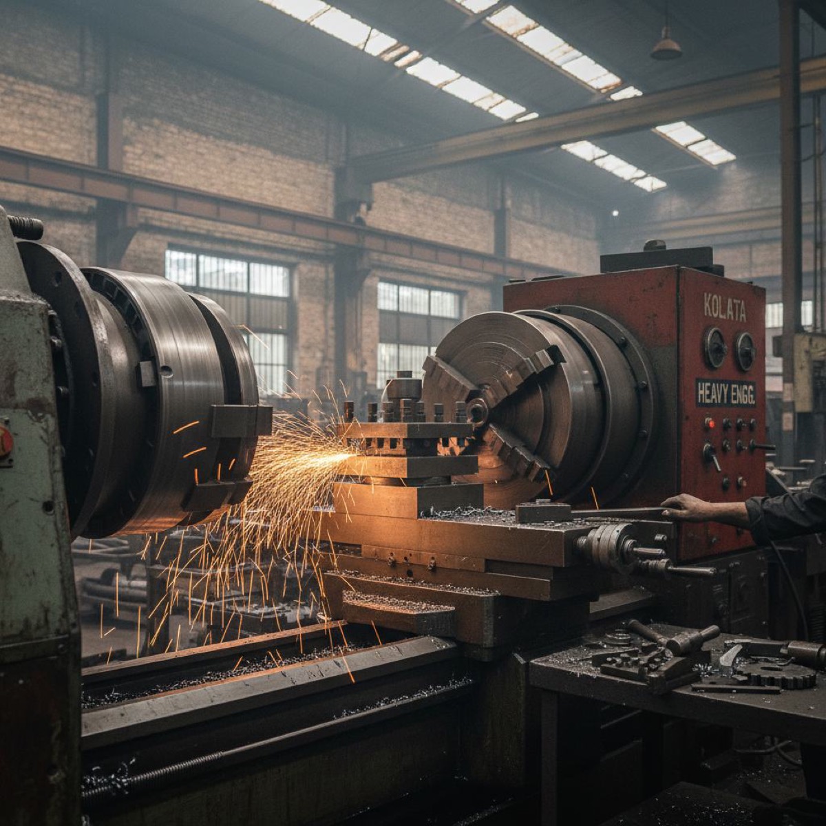 Heavy engineering lathe cutting a component on the shop floor
