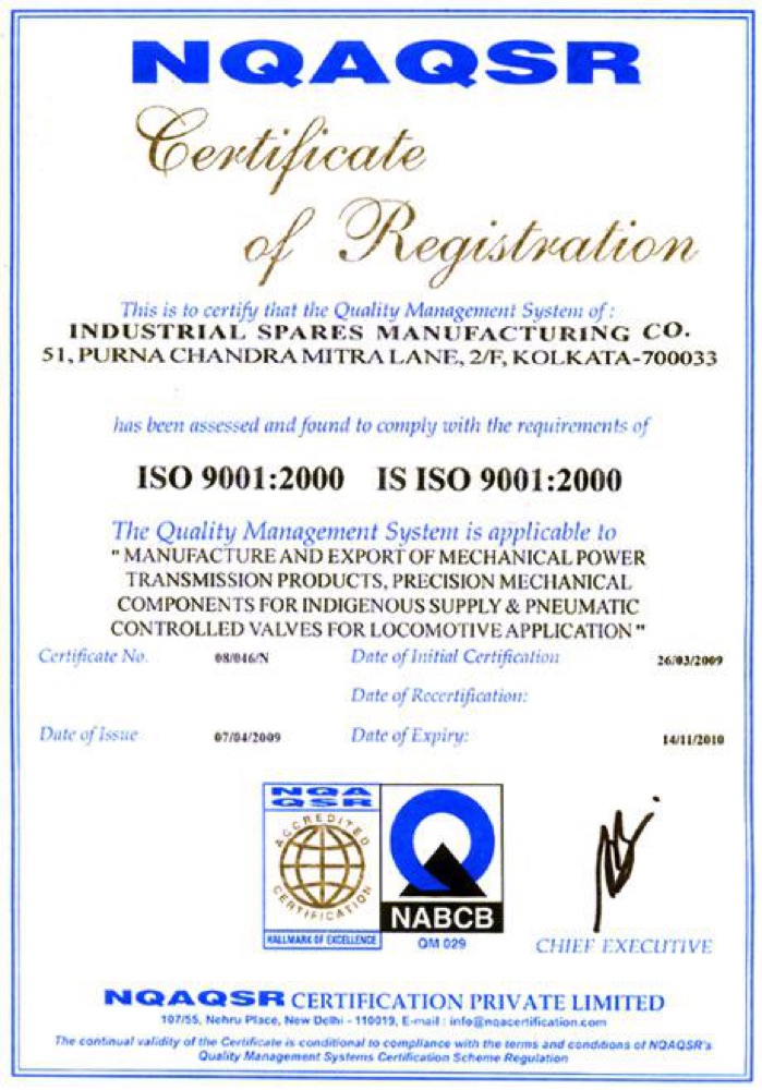 ISO 9001 certificate of registration for Industrial Spares Manufacturing Co.